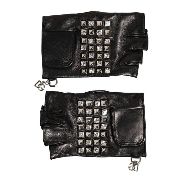 Dolce & Gabbana Black Leather Studded Fingerless Hand Mitten Men Men's Gloves